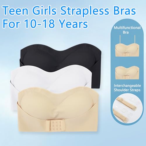 Teen Girls Seamless Strapless Bra 2 Pack No Show Bandeau Wirefree Underwears Invisable Bralettes for Kids 10-18 Years2