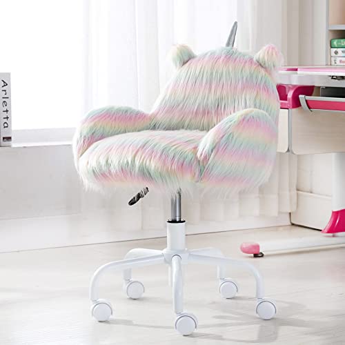 HNY Kids Desk Chair with Wheels, Cute Furry Vanity Chair with Hollowed Heart-Shape Back Adjustable Rolling Computer Study Task Chair for Girls, Fluffy Faux Fur Kids Swivel Chair for Bedroom,