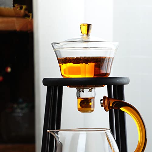 Mozeo Glass Semi-Automatic Tea Set Wooden Glass Tea Set Water Diversion Rotating Cover Bowl Lazy Tea Maker Teapot Kungfu Fu Teacup (Wooden Yellow Handle Teapot) #TOP3