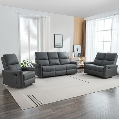 Image of More4Homes MADRID 1+2+3 SEATER MANUAL RECLINER AIR LEATHER SOFA SET (Grey)