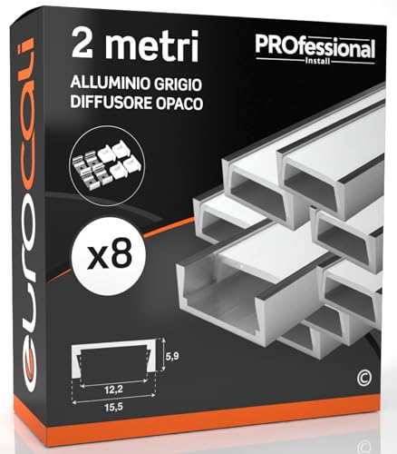 Eurocali 8 Profili da 2 metri (16mt) in Alluminio grigio per Strisce LED Schermatura Opaca - Larghezza Massima Striscia LED 12.2mm - 15.5 x 5.9