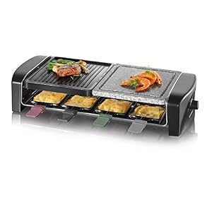 SEVERIN Raclette-Grill mit Naturgrillstein und Grillplatte, Raclette mit antihaftbeschichteter Grillplatte, Tischgrill für 8 Personen, max. 1.400 W, Edelstahl / schwarz, RG 9645
