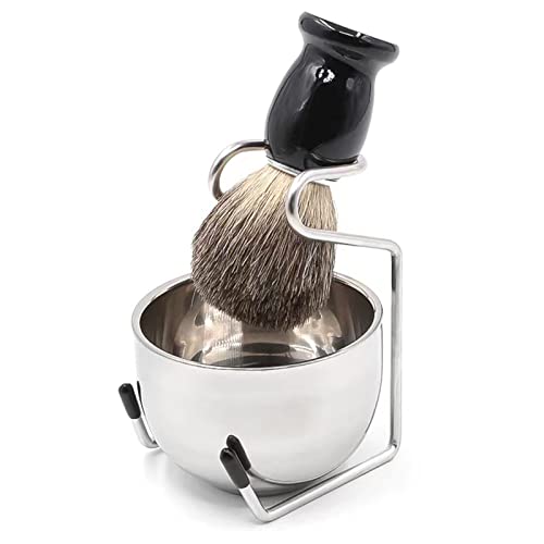 Elvielsl Men's Shaving Brush Kit 3 In 1 Wet Shaving Kit With Badger Hair Shaving Brush, Stainless Steel Shaving Bowl, Stainless Steel Shaving Brush Stand Holder For Men Traditional Wet Shave #TOP23
