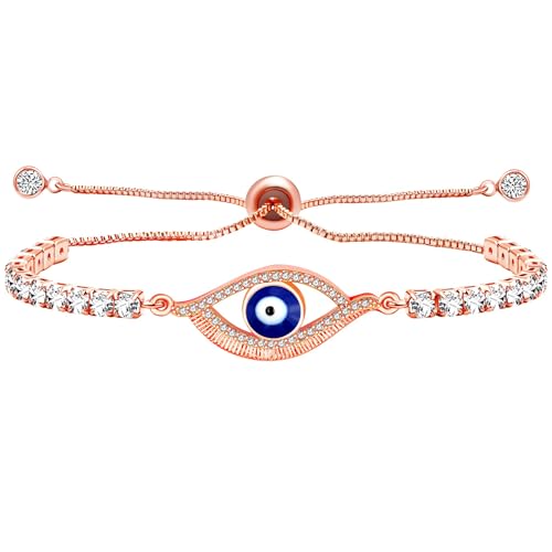 Image of Devil's Eye Charm Bolo Bracelet for Girls and Women Adjustable Sliding Button Tennis Bracelet with Cubic Zirconia Chain, Lucky Protection Bracelet Gift YA4896