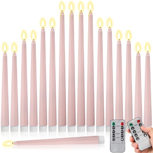 Image of Rossesay 16 Pcs Pink Flameless Taper Candles Battery Operated Candles with Remote Timer 8.5 inch 9.6 inch 10.8 inch 12.8 inch LED Flameless Flickering Candlestick for Halloween Christmas Wedding Party Decor