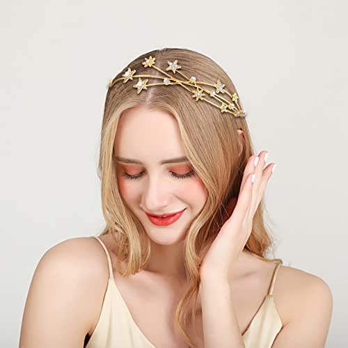 Aswewamt 2 Pcs Gold Rhinestone Alloy Five-Pointed Star Headbands Bridal Hair Hoop Decorative Headpiece Wedding Hair Accessories Ornaments For Elegant Women Girls #TOP2