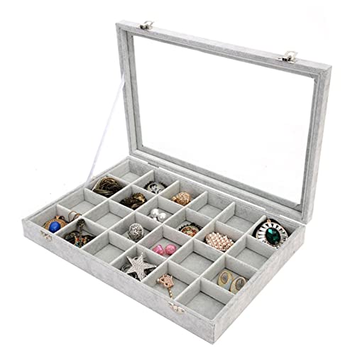 Rangement à Bijoux Coffret à Bijoux pour Femmes, Charm 24 Grids Velvet Bijoux Organisateur Bague affichage Bangle Boîte Boucles d'oreilles Tray Holder Bracelet boîte de rangement Vitrine Gris Classiqu Cover