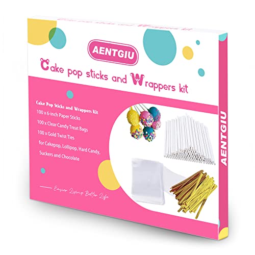 300 Pcs Cake Pop Sticks And Wrappers Kit, Including 100Ct 6-Inch Paper Lollipop Sticks, 100Ct Clear Candy Treat Bags Parcel, 100Ct Gold Twist Ties For Cakepop, Lollipop, Hard Candy, Suckers, Chocolate #TOP5