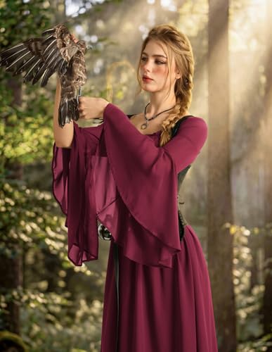 Scarlet Darkness Renaissance Dress Women Peasant Medieval Costume Off Shoulder Maxi Dresses with Pockets Wine 2XL — view 6