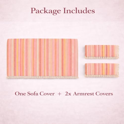 Image of STITCHNEST Woven 2 Seater Sofa Protector with 2 Hand Rest Covers - Pink & White Stripe Design - Washable Fabric with Tassels - Stylish Sofa Cover for Modern Living Room & Furniture Decor
