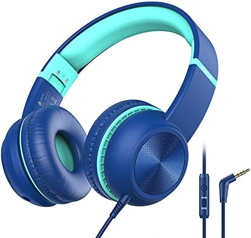 iClever Słuchawki dziecięce dla chłopców, opcjonalny ogranicznik głośności z mikrofonem, składane, kabel AUX 3,5 mm, słuchawki dziecięce na ucho do iPada, tabletu, samolotu, szkoły (niebieski cyjan)
