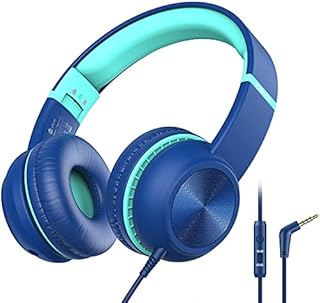 iClever Słuchawki dziecięce dla chłopców, opcjonalny ogranicznik głośności z mikrofonem, składane, kabel AUX 3,5 mm, słuchawki dziecięce na ucho do iPada, tabletu, samolotu, szkoły (niebieski cyjan)
