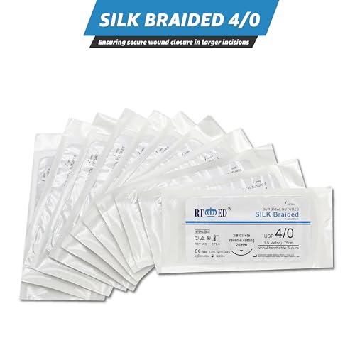 StellMacher Sutures Thread with Needle Silk Braided | 12 Pcs Surgical Practice Sutures for Medical & Nursing Students | Training Sterile Stitching, First Aid Emergency Travel, Vet Demo Use (Silk 4/0)