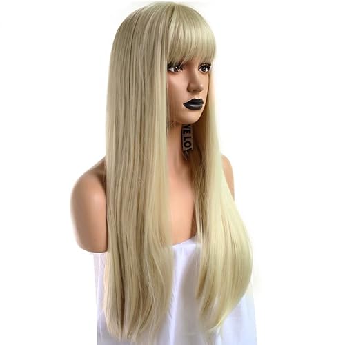 Anogol Wig Cap +Long Blonde Wig With Bangs Long Straight Wig For Woman Girl Cosplay Heat Resistant Hair Replacement Wig Synthetic Wigs For Daily Use Halloween Party Anime Costume #TOP5