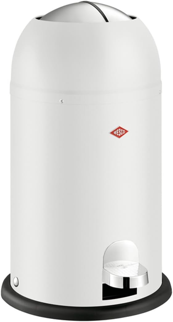 WESCO Kickmaster Junior - Cubo de basura en color blanco mate, chapa de acero con recubrimiento en polvo, amortiguador integrado, 12 litros de volumen, inserto de plástico, tapa de inserción
