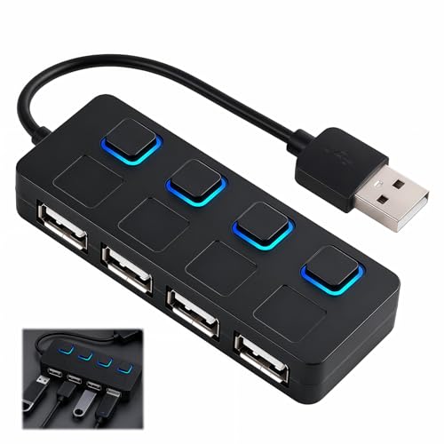 Hub USB avec Interrupteur Individuel, Hub USB 4 Ports 480 Mbps avec Interrupteurs Individuels et Voyants LED, Multi Adaptateur USB2.0 avec Câble 10 cm, Station d’Accueil Compacte pour PC, Ordinateur