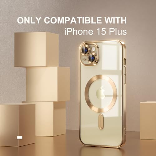 Image of Misea Magnetic for iPhone 15 Plus Case Compatible with MagSafe Gold | [Never Yellowing] [Military Drop Protection] Full Camera Lens Protector Plating Soft Clear Phone Case for Women, Gold