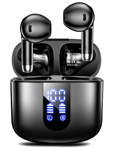 Wireless Earbuds, Bluetooth Headphones with Deep Bass Stereo, 48H Playback Ear Buds with LED Power Display, Lightweight, IPX7, in-Ear Earphones with Mic for iPhone/Android/iPad, Black