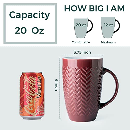 Amorarc Extra Large Coffee Mugs Set Of 6, 20Oz Ceramic Tall Coffee Mugs With Textured Geometric Patterns For Latte/Tea/Beer/Hot Cocoa, Dishwasher & Microwave Safe, Burgundy #TOP1