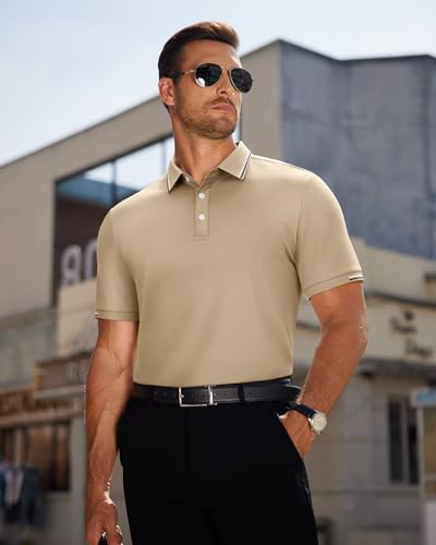 J.VER Mens Fashion Polo Shirts Short Sleeve Khaki Business Casual Regular Fit Summer Sport Golf T-Shirt for Men Adult M - Image 3