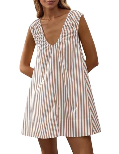 Image of Women Summer Sleeveless Babydoll Mini Dress Scoop Neck Loose Fit Tank Dresses Party Ruched Short Dress with Pockets