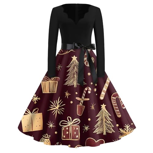 Weihnachtskostüme Langarm, V-Ausschnitt, Elegante A-Linie, Ugly Curvy Weihnachtskleid Lang, Kleid Weihnachten Damen Sexy, Weihnachtsdress...