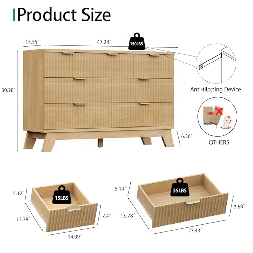 Image of Fluted Dresser for Bedroom with 7 Drawers, 48 inch Wide Modern Chest of Drawers with Metal Handle, Wood Dresser TV Stand, Wooden Closet Clothes Storage Organizer for Living Room, Hallway, Natural Oak