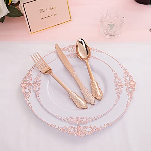 Liacere 60 Pack Rose Gold Plastic Plates - Baroque Rose Gold Disposable Plates Include 30Pcs 10.25Inch Rose Gold Dinner Plates, 30Pcs 7.5Inch Rose Gold Dessert Plates For Wedding & Party #TOP3