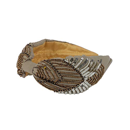 Apt 1pc Sand Firm Patterns Turban Style Top Knot Headband wide embellished embroidered headbands Knotted Hairband for girls and women easy on ears , luxury elegant headbands for ladies