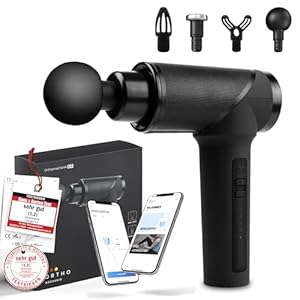 OrthoMechanik® 3.0 | OrthoGun ohne Koffer | Massagepistole mit App & 4 Aufsätzen | 160W Motor & 5 Intensitäten für Schmerzlinderung & Entspannung | Bis zu 360 Min. Laufzeit