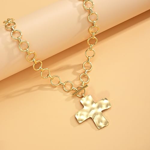FAXHION Chunky Cross Necklace for Women, Gold Toggle Chain Statement Necklace with Hammered Cross Pendant, Vintage Chunky Necklace Jewelry Gift for Women — view 6