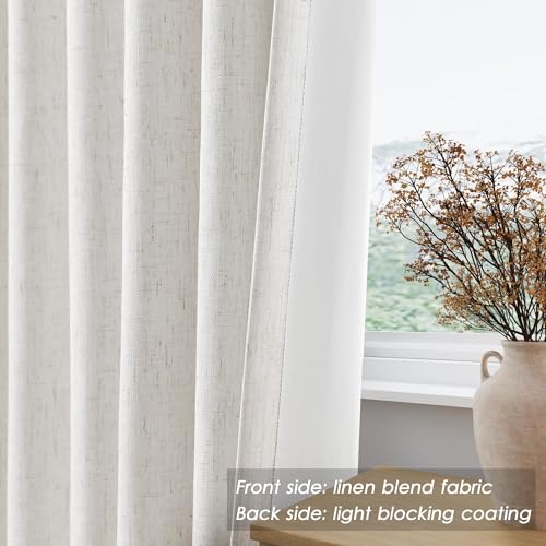 Image of Nanspring Cream 100% Blackout Linen Curtains 96 Inches Long for Bedroom Back Tab Thermal Insulated Modern Farmhouse Decor Black Out Curtain for Living Room Dining Room Neutral Drapes 60x96, 1 Panels