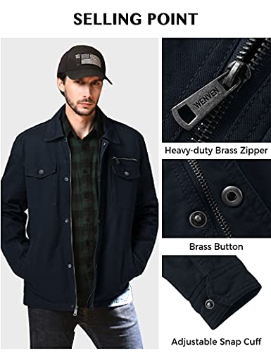Wenven Men's Casual Canvas Cotton Military Lapel Jacket (Navy, M) #TOP4
