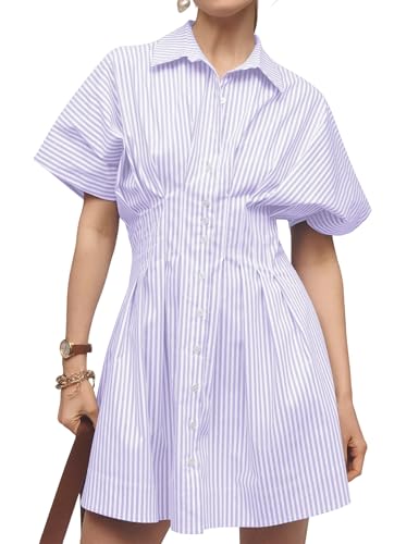 Image of Women Summer Short Sleeve Button Front Pleated Shirt Dress Striped Collar V Neck Casual Y2k Swing Short Mini Dress