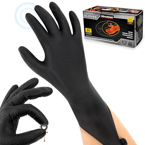 NITROSHIELD 9mil Heavy Duty Disposable Nitrile Gloves, Black Large 80Pcs -Chemical Resistant, Latex & Powder Free Rubber Gloves Diamond Texture for Automotive, Mechanics, Cooking,BBQ, Industrial Use
