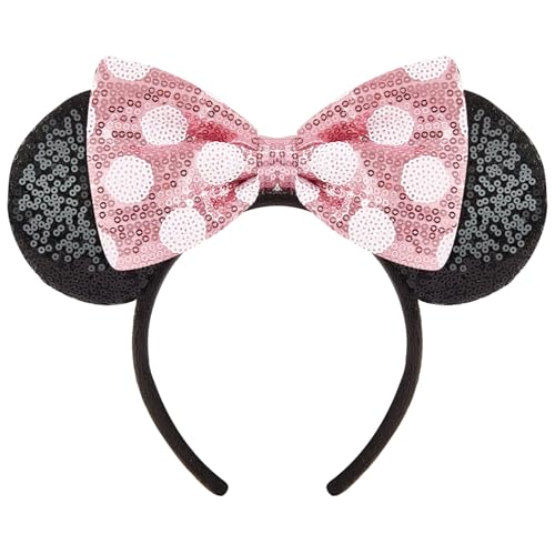 YUNISS Handmade Sparkly Mouse Ears Headband for Adults & Kids | Upgraded Wide Band |Velvet Non-Slip Band All-Day Comfort (Pink Bow one size)