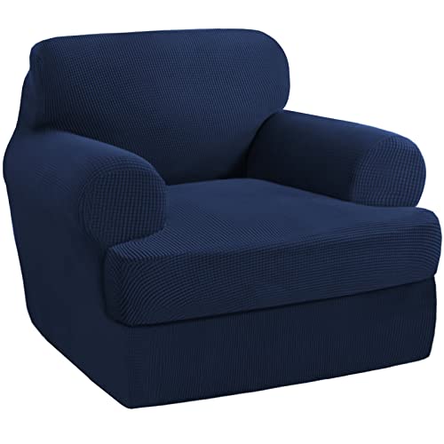 PrinceDeco 2 Pieces Armchair Slipcover Stretch Couch Covers for T Cushion Chair Slipcovers Soft Arm Chiar Cover Furniture Covers with 1 Individual T Shape Seat Covers Width Up to 40"- Navy