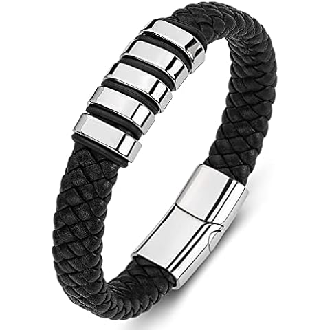 LJWVX Mens Black Genuine Leather Bracelets, Braided Leather Wristband Cuff Bracelet,Gift for Dad Son Cover