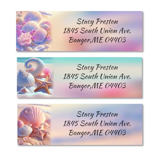 Teryiaco Personalized Return Address Labels - 11 Designs, Set of 250, Small Size 3/4\" x 2-1/2\"inches, self-Adhesive Flat Sheet Labels, Custom self-Adhesive Sticker Rolls (Pretty Shells)