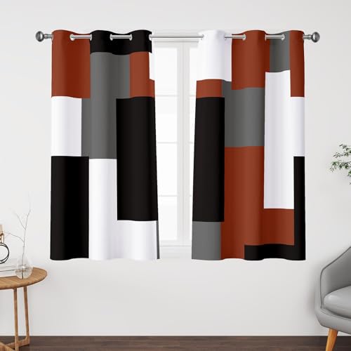 Burnt Orange 100% Blackout Curtains for Bedroom 45 inch Length 2 Panels Set White Grey Modern Abstract Geometric Fall Black Out Curtains Insulated Roo