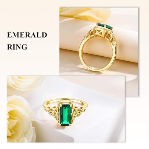 Celtic Knot Ring Sterling Silver 14K Yellow Gold Plated Lucky Trinity Emerald Cut Engagement Rings Amethyst/Peridot/Aquamarine/Ruby/Blue Topaz/Green Emerald/Sapphire Solitaire Signet Ring for Women2