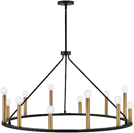 Lark Lazlo 83159BK Large Single Tier Chandelier, 12 Dimmable Lights, Modern Wagon Wheel/Farmhouse Style, Black and Lacquered Brass