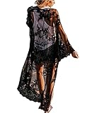 LeofL Damen-Kaftan mit Spitze, lang, Maxi-Strandkleid, Bademantel, Nachthemd, Kleid über Badeanzug, Y Schwarz, Einheitsgröße