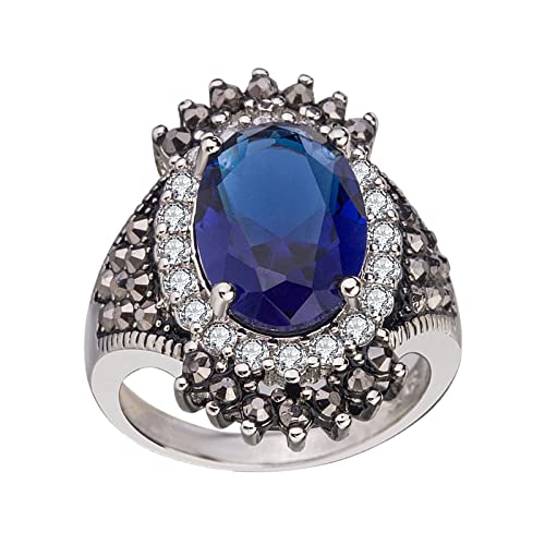 Diamond Ring for Women Sterling Silver Blue & White Dual-Colored Ring Band with Round Diamonds Promise Rings Studded Zirconia Gem for Her Family Ring for Wife Grandmother Jewelry Gifts