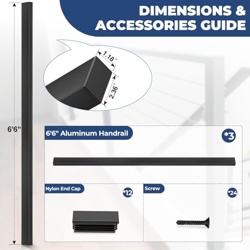 Gyykzz 3 Pack 6'6" Aluminum Black Cable Railing Handrail, 2.36" W x 1.18" H Rectangular Flat Top Hand Rail for Indoor Outdoor Deck Stair Cable Railing System, Cuttable Deck Top Railing with End Caps - Thumbnail 4
