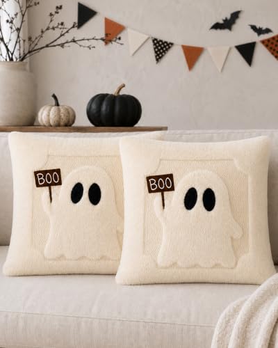 OLIULIULIU Faux Rabbit Fur Halloween Pillow Covers 18x18 Fluffy Soft Plush | Vintage Gothic Spooky Ghost Decorative Throw Pillow Covers Halloween Home Decor for Sofa Couch Bedroom Living Room