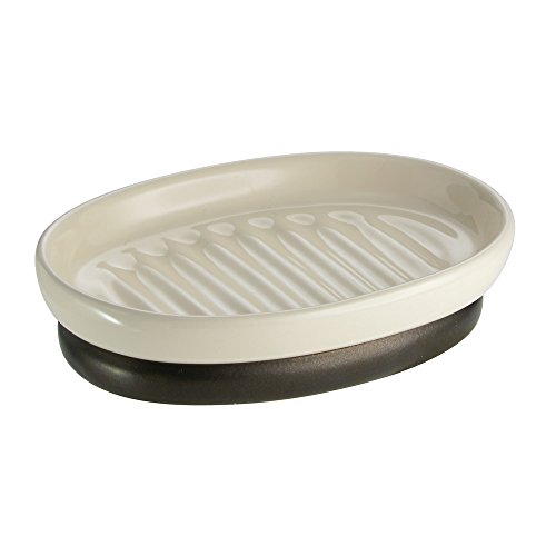 InterDesign York Ceramic Bathroom Vanity Soap Dish, Ridged Soap Saver Design, Vanilla/Bronze