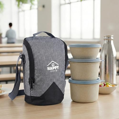 Image of Happy Cove Eco Friendly Lunch Box for Office Use, Made of Wheat Straw and Rice Husk, 3 Microwave Safe Blue Containers, Tiffin Box for Men with Grey Lunch Bag, Microwave Safe, Oven Safe, Unbreakable