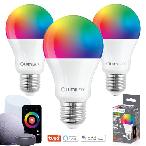 Lumiled 3x Smart SAYO A60 LED Lampe E27 9W (60W) 900lm WLAN Dimmbar Mehrfarbig RGBW Wifi Glühbirne Timer Smart home 16 Mio. Farben App Steuerung kompatibel mit Amazon Alexa Google Assistant Tuya