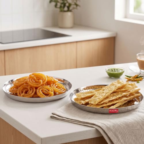 Image of HAZEL Stainless Steel Lunch Plate, Set of 2, 23cm | Hammered Thali Plate